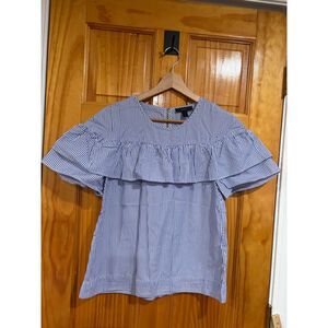 J.Crew Blue White Stripe Ruffle Yoke Short Sleeve Cotton Popover Top Size 6